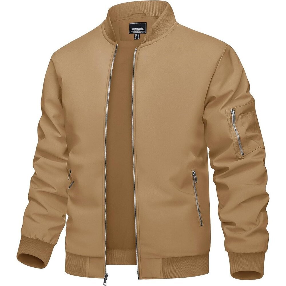 Men's  02 Khaki Bomber Jacket Coat Lightweight Casual Windbreaker Zip Up Pocket